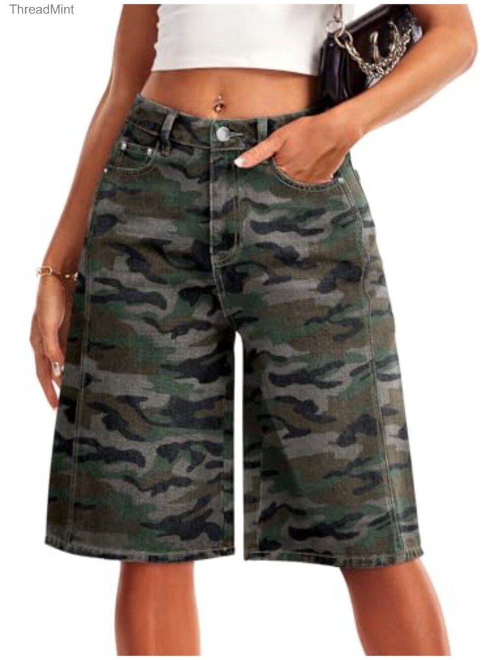 Women's Bermuda Denim Jean Shorts High Waisted Wide Leg Distressed 12" Inseam